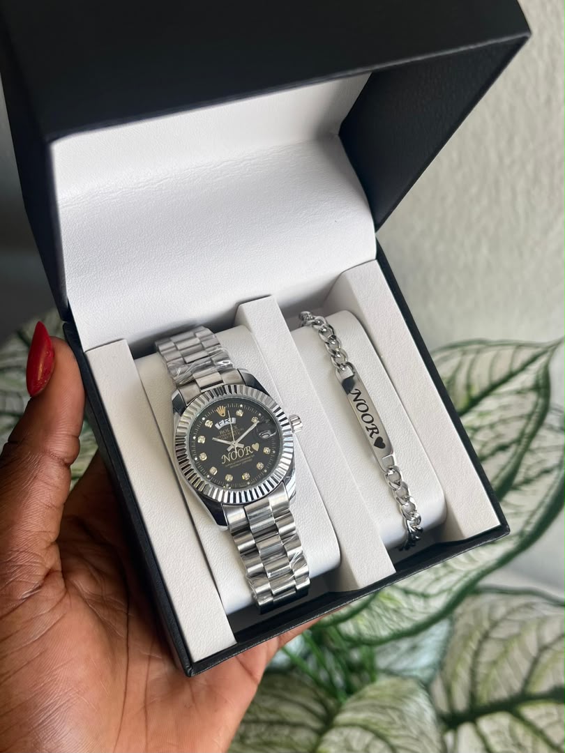 Presidential Fluted Watch Cuban Link Bracelet 2-in-1 Gift Set